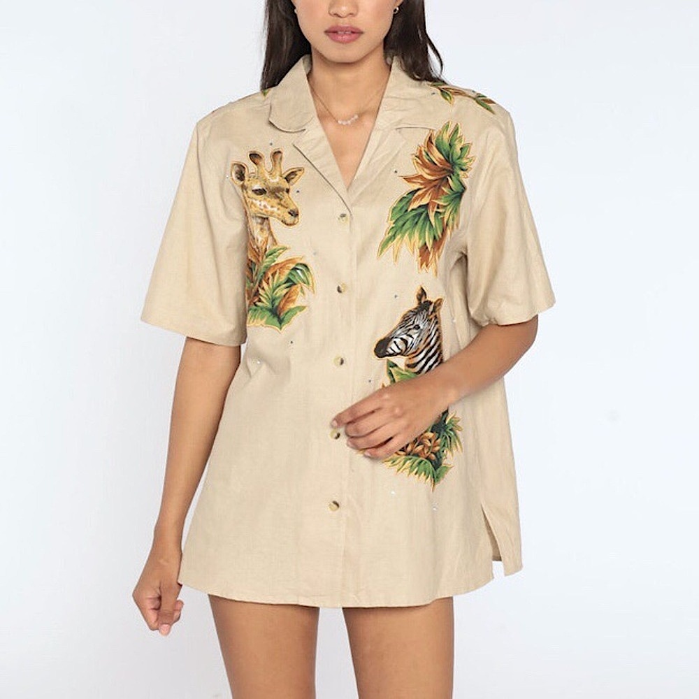 Vintage Quacker Factory Linen Cotton Safari Animal Print Button-Up Shirt Size 1X